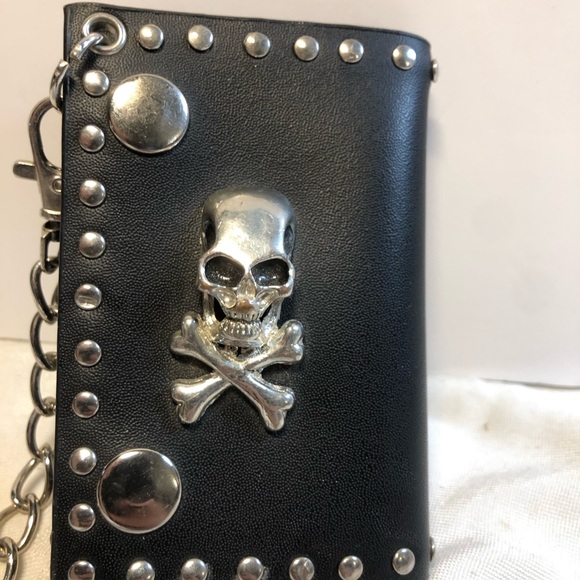 Skull faux Leather Chain Studded Trifold Wallet - Picture 10 of 13